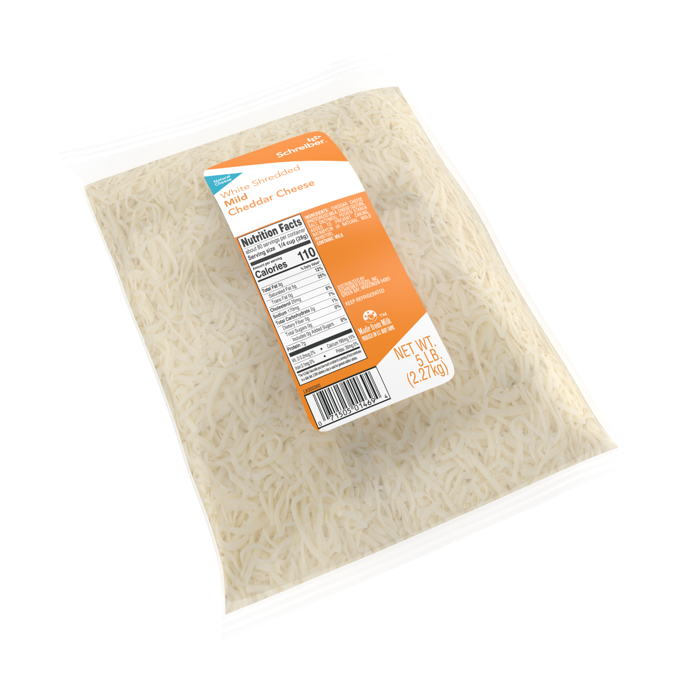 SCHREIBER MILD CHEDDAR WHITE FEATHER SHREDS - 4/5#