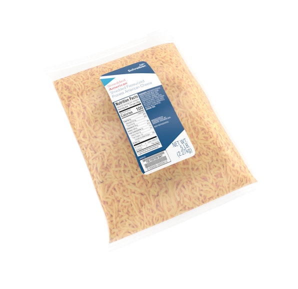 SCHREIBER YELLOW PASTEURIZED PROCESS AMERICAN CHEESE RECTANGULAR FEATHER CUT SHREDS - 4/5#
