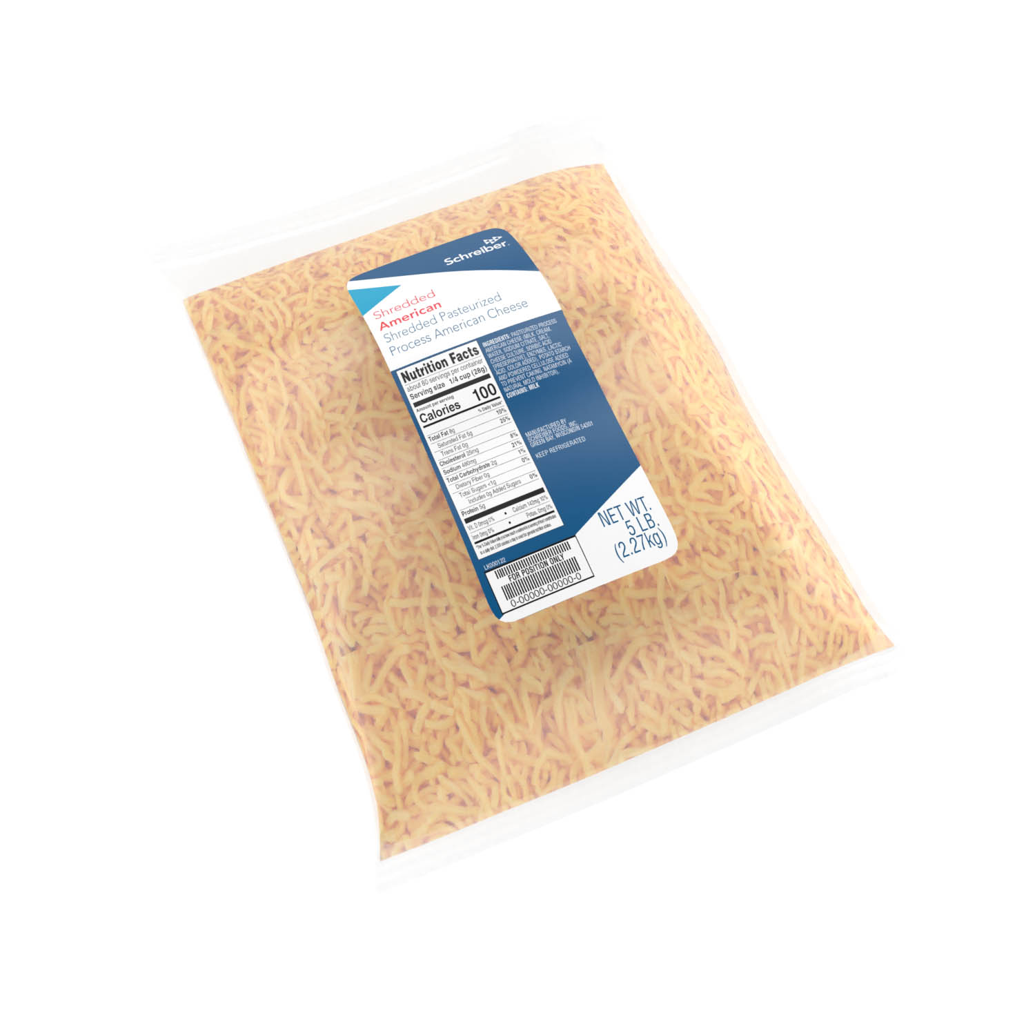 SCHREIBER YELLOW PASTEURIZED PROCESS AMERICAN CHEESE RECTANGULAR FEATHER CUT SHREDS - 4/5#