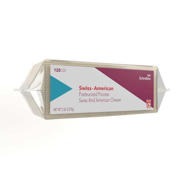 SCHREIBER PASTEURIZED PROCESS SWISS AMERICAN SLICES - 4/5# FLOW THROUGH WRAPPER 120 SLICES