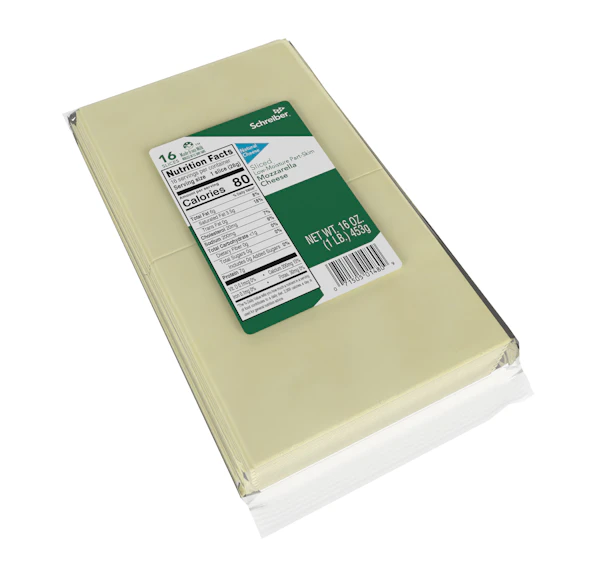 SCHREIBER LOW MOISTURE PART-SKIM MOZZARELLA SLICES - 12/1# 16 SLICES