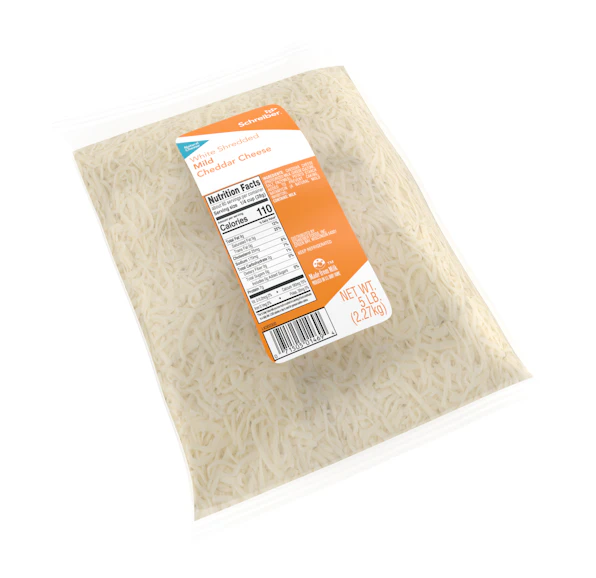 SCHREIBER MILD CHEDDAR WHITE FEATHER SHREDS - 4/5#