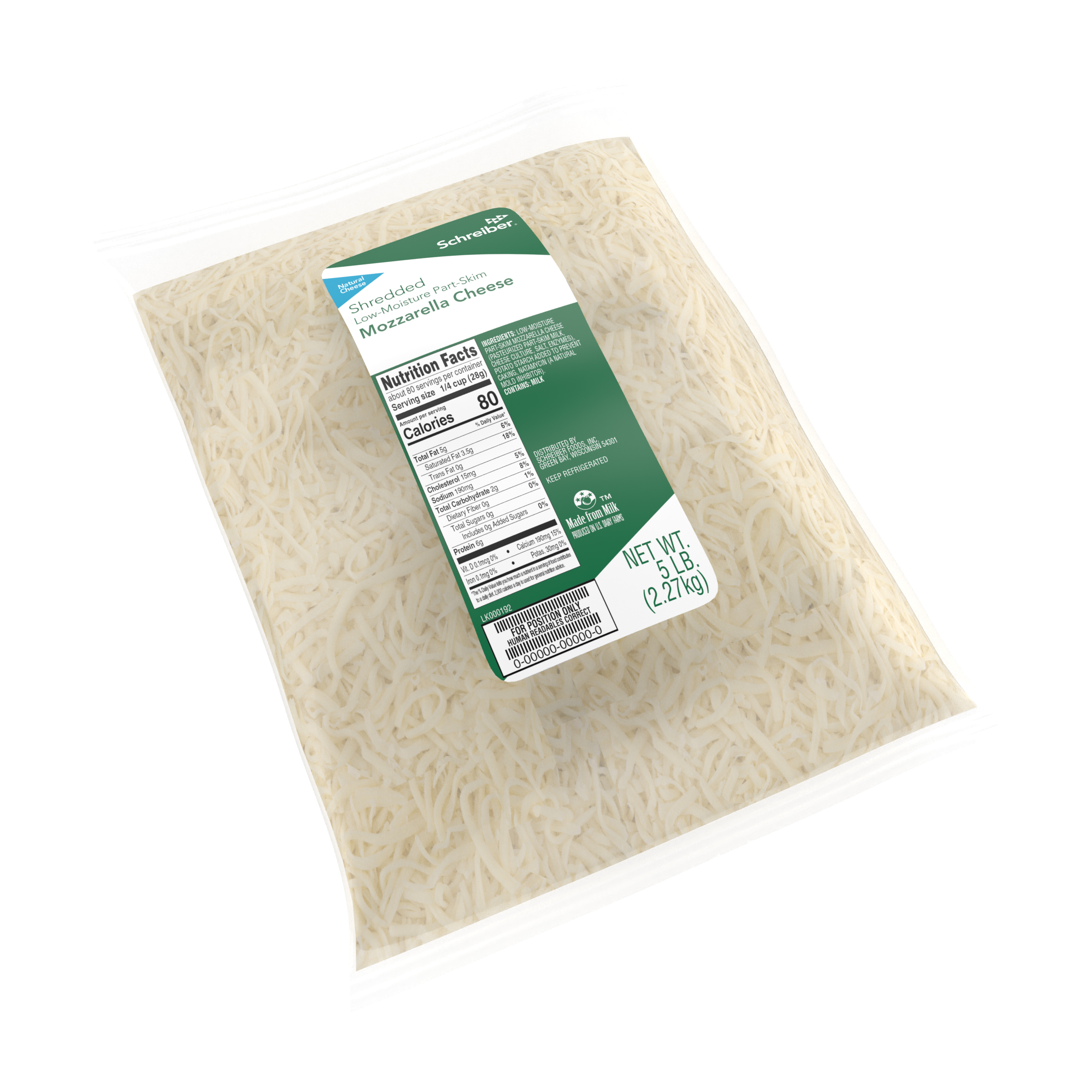 SCHREIBER LOW MOISTURE PART-SKIM MOZZARELLA FEATHER SHREDS - 4/5#