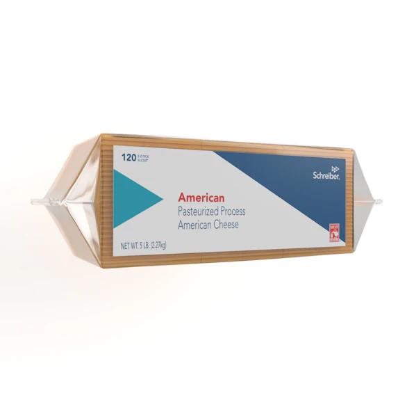 SCHREIBER YELLOW PASTEURIZED PROCESS AMERICAN SLICES - 4/5# FLOW THROUGH WRAPPER 120 SLICES